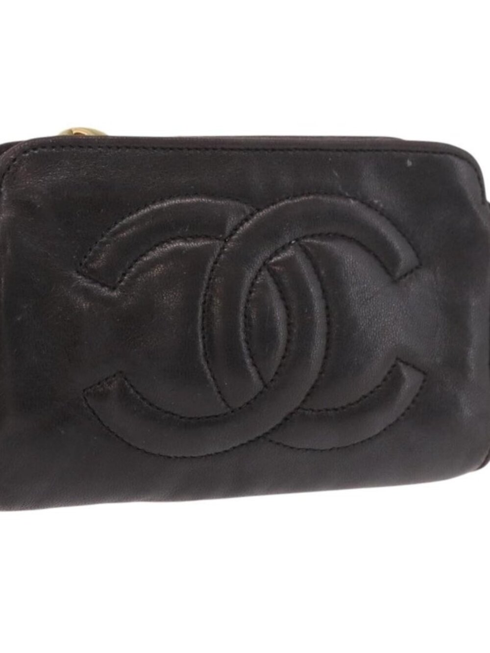 CHANEL COCO Mark Pouch Leather Black Gold CC Auth 189572